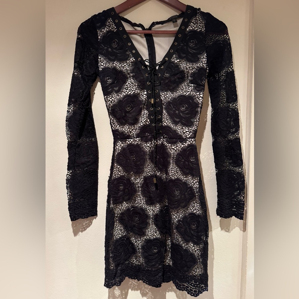Guess Black Floral Lace Long Sleeve Mini Dress